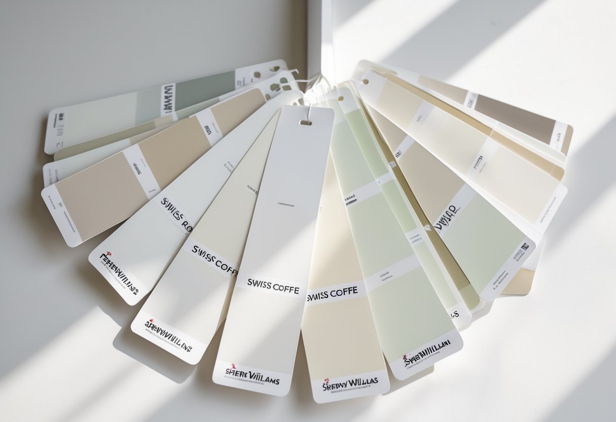 Several off-white paint sample cards arranged side by side showing subtle color differences on a clean white surface.