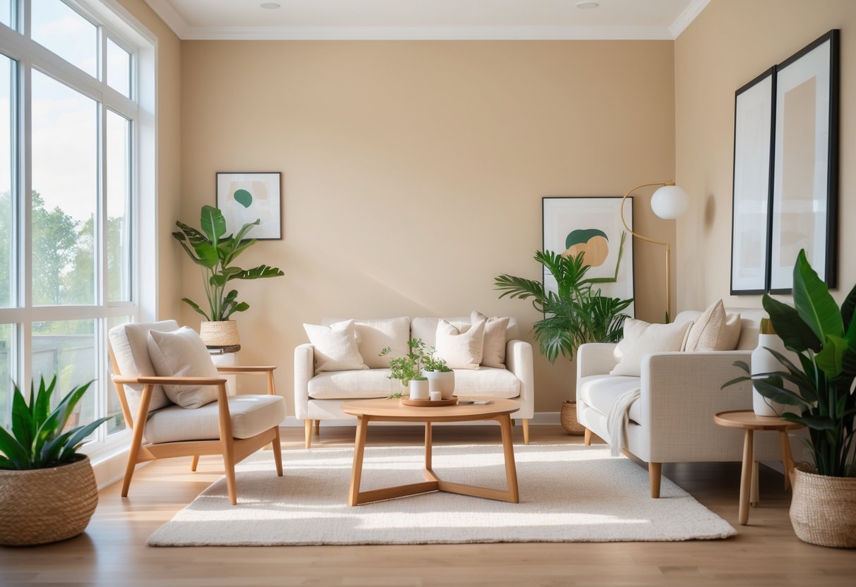 Bright living room with beige walls, modern furniture, and natural light coming through large windows.