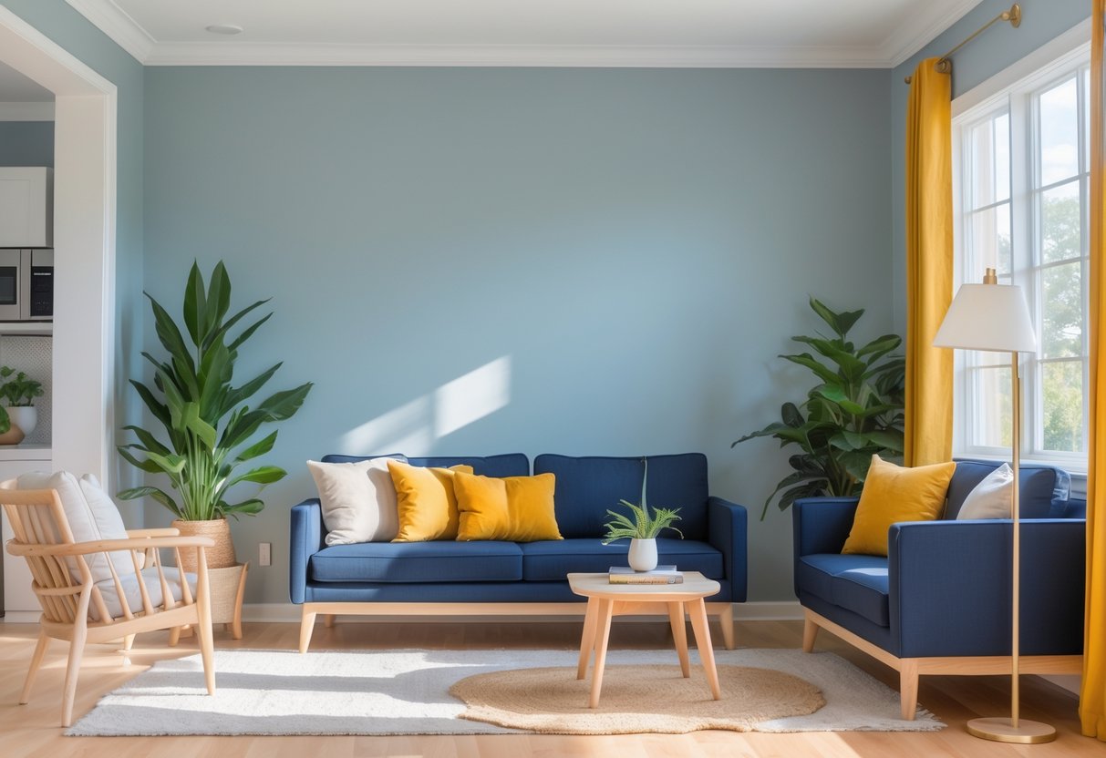 A bright living room with blue-gray walls, navy sofa, beige and mustard cushions, light wood furniture, and green plants near large windows.